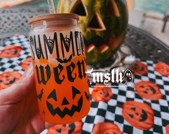Summerween, 12oz Clear Glass Cup, Summer Cup, Spooky Summer, Summerween party cups, Glass cup with lid and straw, goth summer, goth cup, ALT