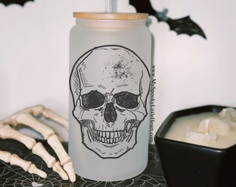 Goth Glass Cup with straw, Skull Glass Cup Spooky Iced Coffee Cup, Halloween cup, 16oz frosted cup, Boo Basket Filler, Gothic, ALT Girl