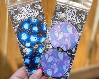 Pastel Spooky Cute car coasters | witchy car | Halloween | spooky car accessories | ghost car coasters, spooky bitch | spooky shit, goth car