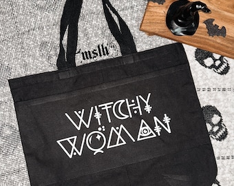 Witchy Bag, Black Canvas Tote Bag, Goth Bag, Witchy Woman, Witchy things, Witchy gift, goth gifts, witchy tote, bruja, spooky bag, witch bag