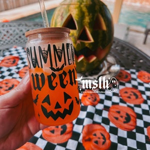 Summerween, 12oz Clear Glass Cup, Summer Cup, Spooky Summer, Summerween party cups, Glass cup with lid and straw, goth summer, goth cup, ALT