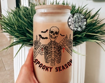 Spooky Season Skeleton cup, Halloween Glass Cup, spooky  frosted glass cup, bats coffee cup, cute Halloween tumbler cup, coffee glass cup
