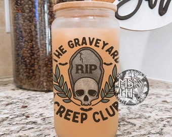 The Graveyard creep club, Frosted 16oz glass cup, spooky glass cup, iced coffee glass cup, Halloween cup, alt babe, gothic glass cup, goth