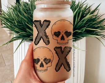 Goth Valentines Cup, Spooky Valentines Iced Coffee Cup, spooky cup, goth cup, Valloween cup, 16oz frosted cup, glass cup, gothic, skull cup