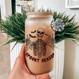 Spooky Season Skeleton cup, Halloween Glass Cup, spooky  frosted glass cup, bats coffee cup, cute Halloween tumbler cup, coffee glass cup
