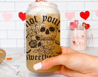 Goth Valentines Cup, Spooky Valentines Iced Coffee Cup, spooky cup, goth cup, Valloween cup, 16oz frosted cup, glass cup, gothic, skull cup