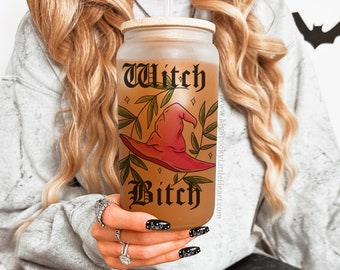 Witch Bitch, Head Witch, spooky cup, goth cup, witchy gift, Bruja, Halloween cup, 16oz frosted cup, glass cup, gothic, Bad Witch Coffee Cup