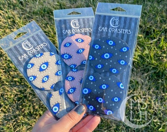 Evil Eye Car Coasters, protect your energy, Mal de Ojo Car Coasters, Cute Car accessories, cute car coasters, goth car coasters, spooky car