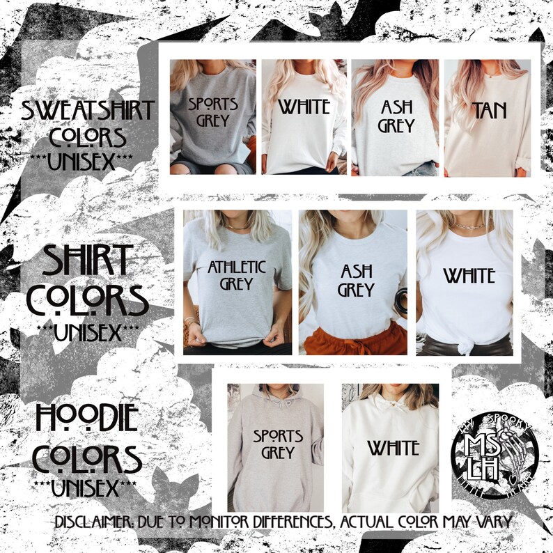 Pu&ograve; includere: Un grafico che mostra le diverse opzioni di colore per felpe, t-shirt e felpe con cappuccio. I colori includono bianco, grigio cenere, grigio sportivo, grigio atletico e marrone. Il testo "SWEATSHIRT COLORS ***UNISEX***", "SHIRT COLORS ***UNISEX***" e "HOODIE COLORS ***UNISEX***" &egrave; visualizzato sopra ogni riga di immagini. Il testo "DISCLAIMER: DUE TO MONITOR DIFFERENCES, ACTUAL COLOR MAY VARY" &egrave; visualizzato nella parte inferiore del grafico.