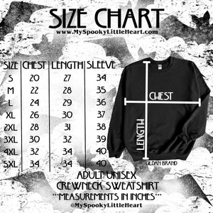 May include: Size chart for a unisex crewneck sweatshirt, showing measurements in inches for chest, length, and sleeve. The chart includes sizes from S to 5XL.