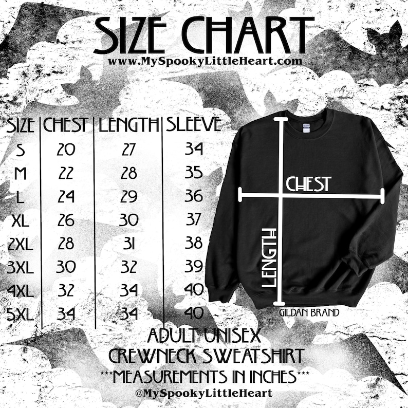 May include: Size chart for a unisex crewneck sweatshirt, showing measurements in inches for chest, length, and sleeve. The chart includes sizes from S to 5XL.