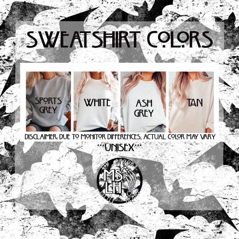 May include: A graphic showing sweatshirt color options for a unisex sweatshirt. The colors are sports grey, white, ash grey, and tan.