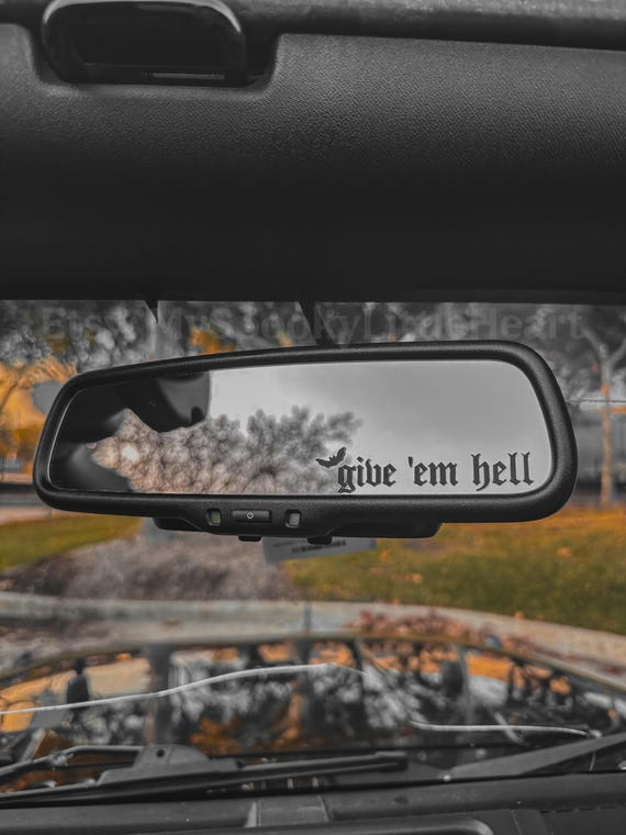 Give 'em hell, Car Rear view mirror Decal, goth decals, trendy mirror decal, bats decal, spooky car decals, witchy decals, side mirror decal