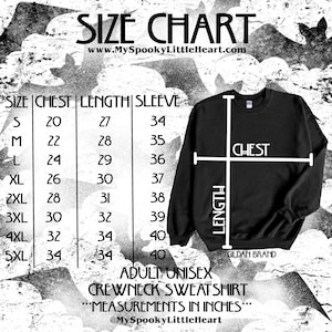 May include: Black adult unisex crewneck sweatshirt with a size chart. The chart shows chest, length, and sleeve measurements in inches for sizes S to 5XL. The Gildan brand sweatshirt has the text "SIZE CHART" at the top.