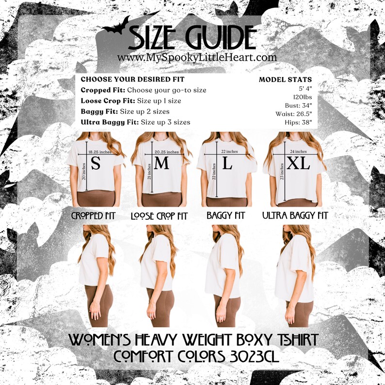 May include: Size guide for a women's heavy weight boxy t-shirt, featuring different fits: cropped, loose crop, baggy, and ultra baggy. Measurements are provided in inches for each size, along with model stats. The shirt is from Comfort Colors.