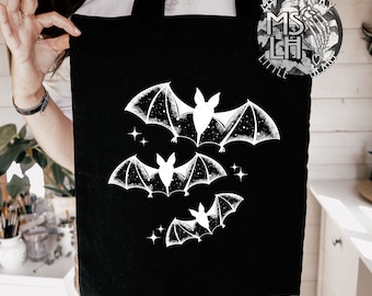 Bats Canvas Tote, goth bag, Spooky Bag, Spooky Book Bag, Spooky Gift, Bats Book Bag, Bats and stars, cute spooky tote, gothic bag, witchy