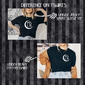 May include: Two images showing the difference in fabric weight for a black t-shirt with a white crescent moon and the text "MS LH" printed on the front. The top image shows a unisex jersey short sleeve tee. The bottom image shows a unisex heavy cotton t-shirt.