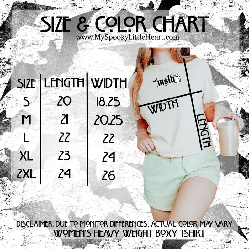 May include: A size and color chart for a women's heavy weight boxy t-shirt. The chart shows measurements for sizes S to 2XL, with length and width in inches. The shirt is light yellow and has a small graphic.
