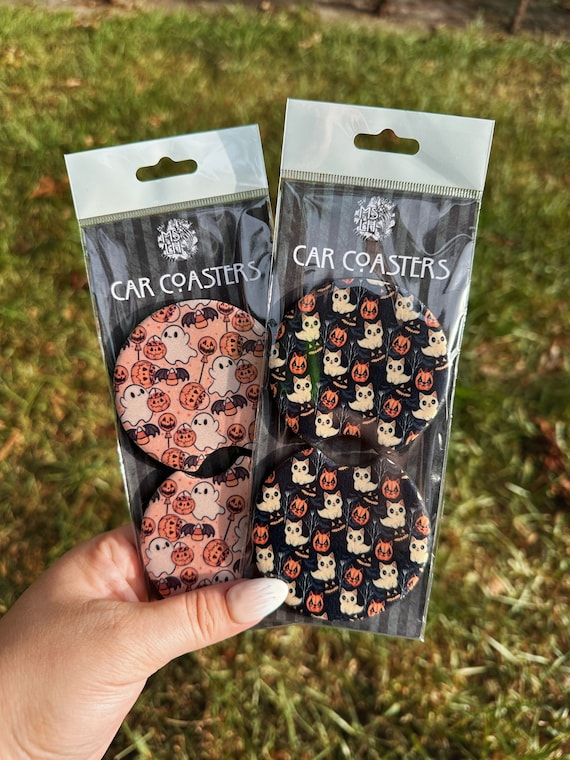Cute Halloween Car Coasters, Spooky Cute Car Coasters, Cute Ghosts, Spooky Cat, Goth, Spooky Car, Alt car accessories, spooky car gift, alt