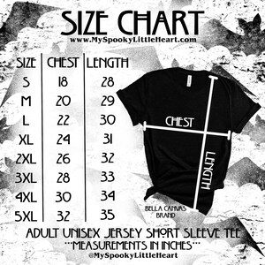 May include: Size chart for adult unisex jersey short sleeve tee.  Measurements are in inches.  Sizes range from S to 5XL with corresponding chest and length measurements.