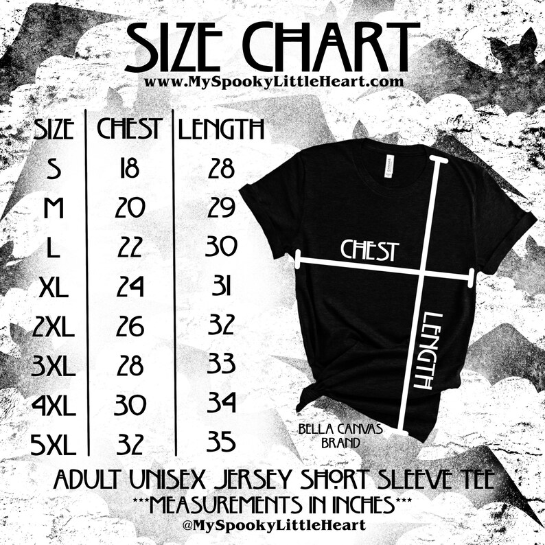 May include: Size chart for adult unisex jersey short sleeve tee.  Measurements are in inches.  Sizes range from S to 5XL with corresponding chest and length measurements.
