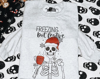 Spooky Christmas, Freezing but Festive Crewneck, Christmas Skeleton with Coffee, Christmas Sweatshirt, Gothmas, Merry Creepmas, hexmas, goth