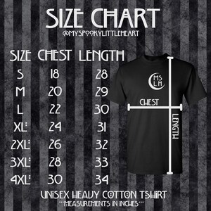 May include: Size chart for a unisex heavy cotton t-shirt. The chart shows sizes S through 4XL with corresponding chest and length measurements in inches.