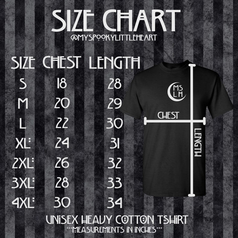 May include: Size chart for a unisex heavy cotton t-shirt. The chart shows sizes S through 4XL with corresponding chest and length measurements in inches.