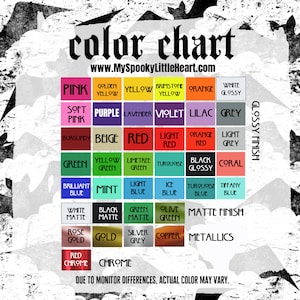 Puede incluir: Una carta de colores con una variedad de colores, incluyendo rosa, amarillo, verde y azul, con el texto "color chart" en la parte superior y "www.MySpookyLittleHeart.com" debajo. La carta tambi&eacute;n incluye el texto "Glossy Finish" y "Matte Finish".
