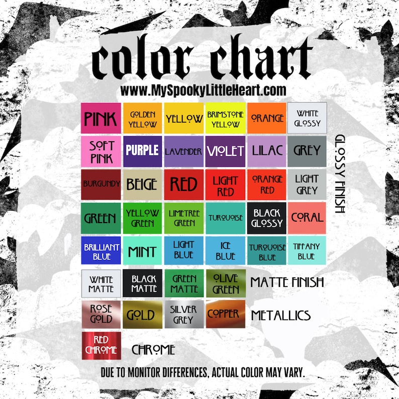 May include: Color chart with a variety of colors in glossy and matte finishes. The colors include pink, purple, red, green, blue, white, black, gold, silver, and copper. The chart also includes a section for metallics and chrome.