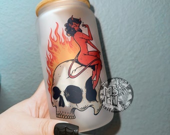 EXCLUSIVE, Skull coffee cup, see you in Hell frosted glass cup, 16oz cup with straw, spooky glass cup, goth, alt babe, iced coffee glass cup