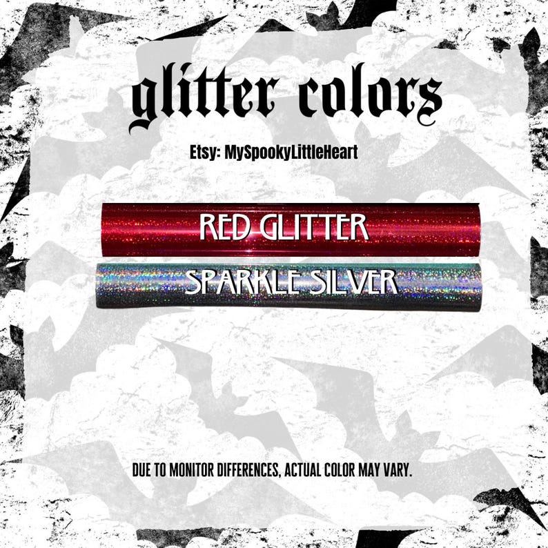 May include: A color chart titled glitter colors featuring two horizontal strips. The top strip is labeled RED GLITTER and the bottom strip is labeled SPARKLE SILVER. The background features a white bat pattern with black edges and text.