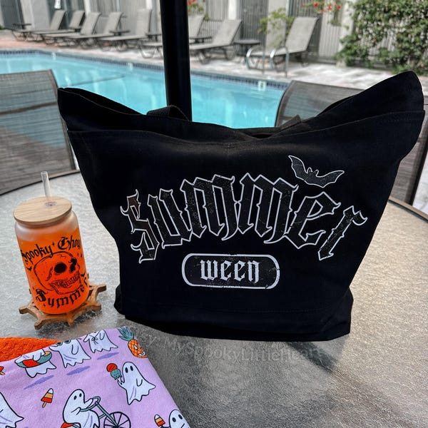 Sac fourre-tout gothique d'été, sac fourre-tout gothique en toile noire, sac de plage gothique, sac fourre-tout de voyage gothique, sac fourre-tout Summerween