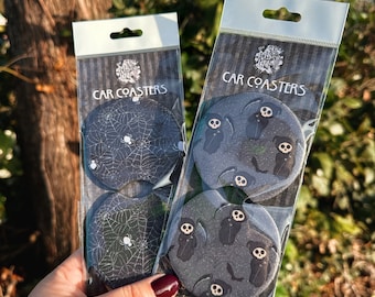 Spooky cute car accessories, spiderweb car coasters, cute reaper car coasters, spooky car accessories, goth car accessories, alternative car
