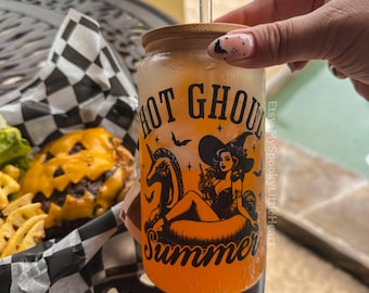 Hot ghoul Summer, Gothic Summer Cup, Vintage Retro glass cup, Goth Coffee Cup, Pin up glass cup, spooky girl summer, Summerween, Goth girl