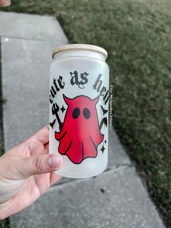 Ghost cup, Cute as hell cup, Spooky Cup, frosted goth cup, 16oz glass tumbler, Halloween cup, alt girl, iced coffee glass tumbler, goth