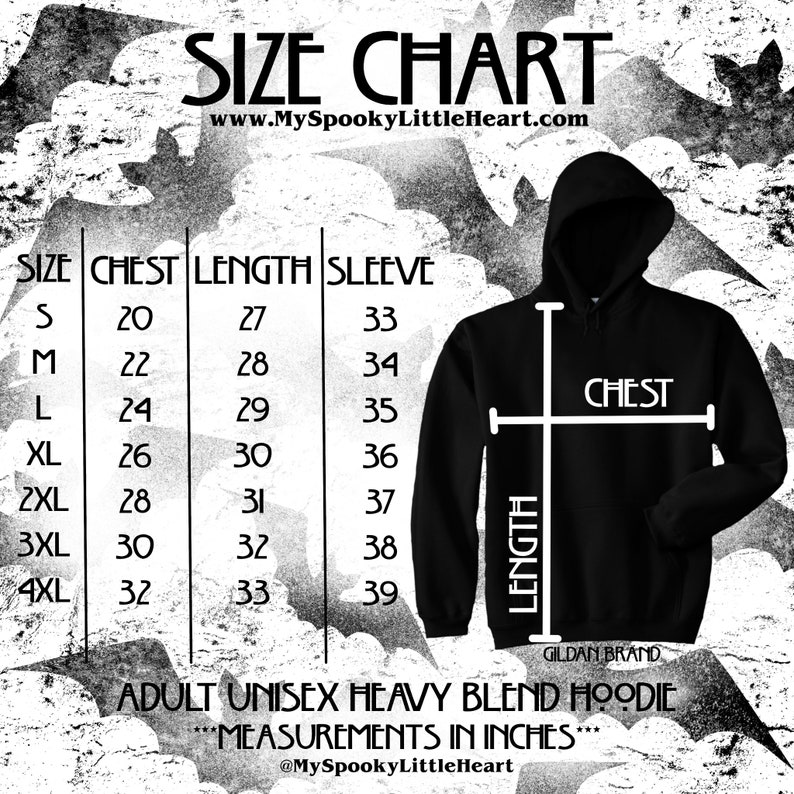 May include: Size chart for a unisex heavy blend hoodie with measurements in inches for chest, length, and sleeve. The chart shows sizes from S to 4XL. The image also shows a black hoodie with a white outline of the measurements.