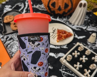 Summerween Coffee Cup Sleeve, Spooky Summer Cup Sleeve for Iced Coffee, Goth Girl Summer, spooky Summer Pool Party cup sleeve, Iced Coffee