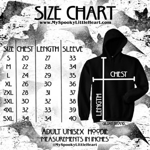 May include: Size chart for an adult unisex hoodie, showing chest, length, and sleeve measurements in inches. The chart includes sizes from S to 5XL. The image also shows a black hoodie with the word "CHEST" and "LENGTH" labeled on it.
