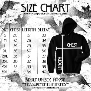 May include: Size chart for an adult unisex hoodie, showing chest, length, and sleeve measurements in inches. The chart includes sizes from S to 5XL. The image also shows a black hoodie with the word "CHEST" and "LENGTH" labeled on it.