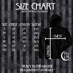 May include: Size chart for a heavy blend hoodie with measurements in inches. The chart shows chest, length, and sleeve measurements for sizes S, M, L, XL, 2XL, and 3XL.