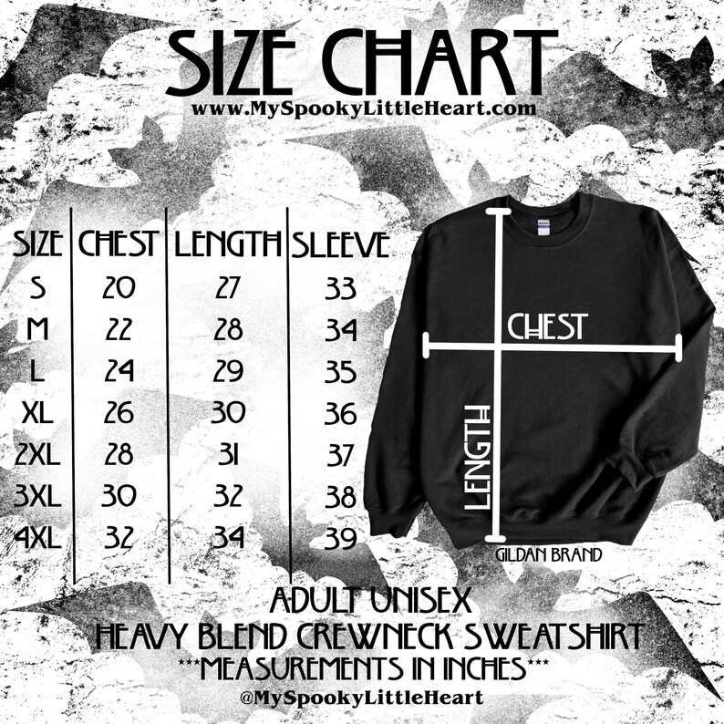 K&ouml;nnte beinhalten: Gr&ouml;&szlig;entabelle f&uuml;r einen Unisex-Crewneck-Sweatshirt f&uuml;r Erwachsene. Die Tabelle zeigt die Ma&szlig;e in Zoll f&uuml;r Brustumfang, L&auml;nge und &Auml;rmell&auml;nge f&uuml;r die Gr&ouml;&szlig;en S bis 4XL. Die Tabelle befindet sich auf einem schwarzen Hintergrund mit einem wei&szlig;en Fledermausmuster.