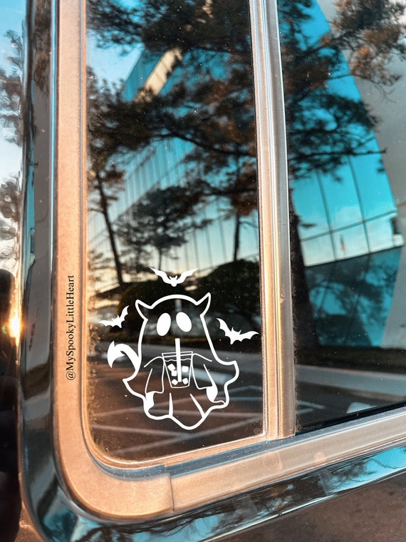 Cute Ghost Decal, Ghost with Iced Coffee, Flying Bats, Ghost and bats Decal, Car Decal, Spooky Decals, Iced Coffee Decal, Goth Decals, alt