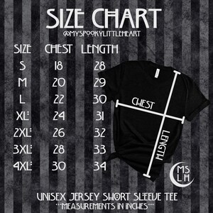 May include: Size chart for a unisex jersey short sleeve tee. The chart shows chest and length measurements in inches for sizes S, M, L, XL, 2XL, 3XL, and 4XL.