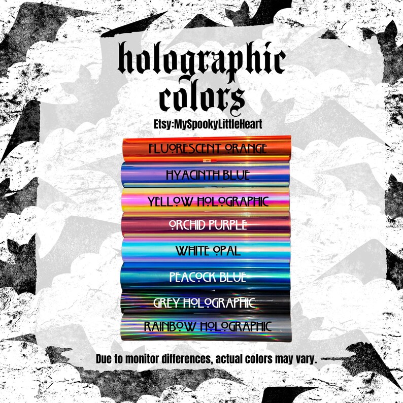 May include: A stack of eight rectangular holographic color samples labeled Fluorescent Orange, Hyacinth Blue, Yellow Holographic, Orchid Purple, White Opal, Peacock Blue, Grey Holographic, and Rainbow Holographic, with text reading holographic colors and Etsy:MySpookyLittleHeart.