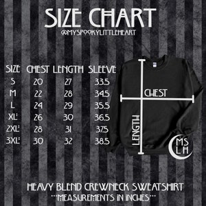 May include: Size chart for a heavy blend crewneck sweatshirt. The chart shows measurements in inches for chest, length, and sleeve for sizes S, M, L, XL, 2XL, and 3XL.