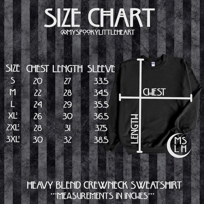 May include: Size chart for a heavy blend crewneck sweatshirt. The chart shows measurements in inches for chest, length, and sleeve for sizes S, M, L, XL, 2XL, and 3XL.