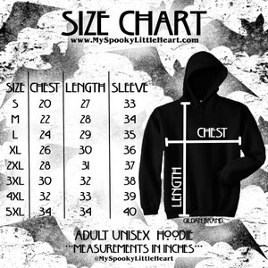 May include: Size chart for an adult unisex hoodie, showing chest, length, and sleeve measurements in inches. The chart includes sizes from S to 5XL. The image also shows a black hoodie with the word "CHEST" and "LENGTH" labeled on it.