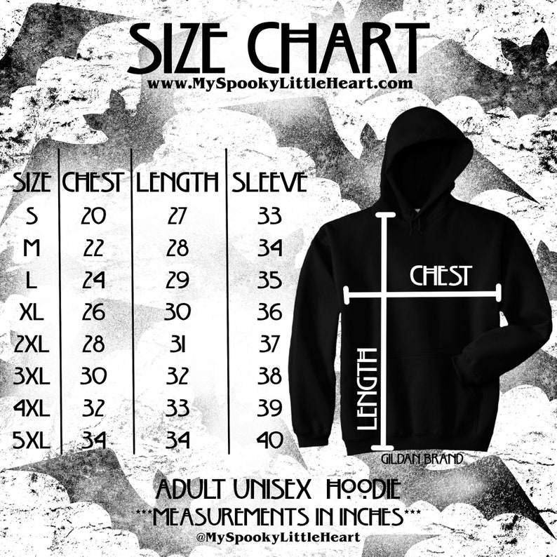 May include: Size chart for an adult unisex hoodie, showing chest, length, and sleeve measurements in inches. The chart includes sizes from S to 5XL. The image also shows a black hoodie with the word "CHEST" and "LENGTH" labeled on it.