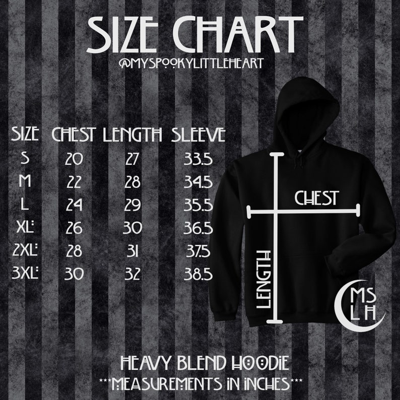 Pu&ograve; includere: Tabella delle taglie per una felpa pesante in misto con misure in pollici. La tabella mostra le misure di petto, lunghezza e manica per le taglie S, M, L, XL, 2XL e 3XL.